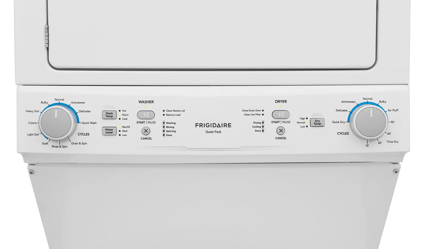 Close-up of control panel on a white electric stacked laundry center featuring washer and dryer dials and cycle options, part of appliance laundry centers at Hartville Hardware.