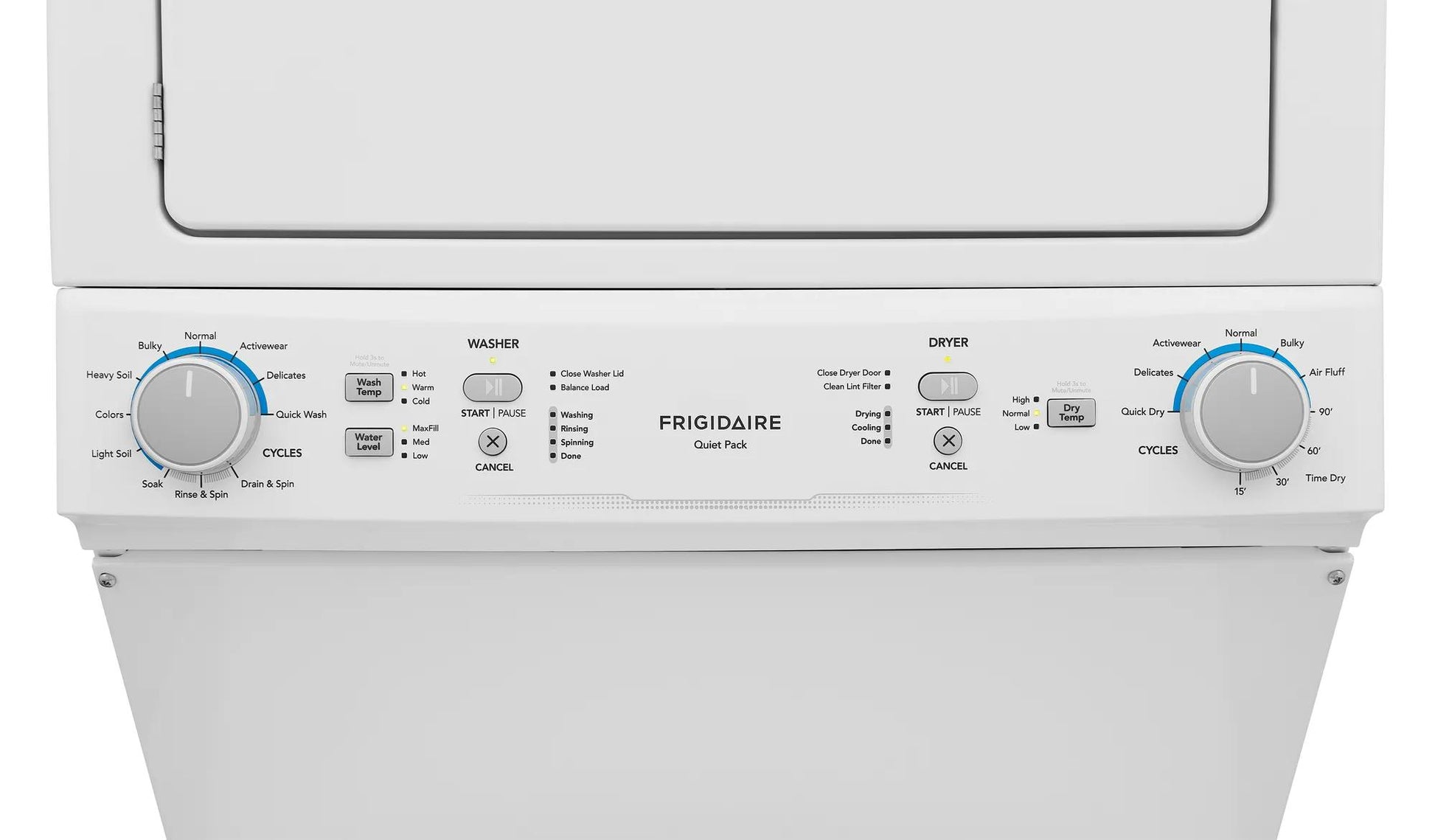 Close-up of control panel on a white electric stacked laundry center featuring washer and dryer dials and cycle options, part of appliance laundry centers at Hartville Hardware.