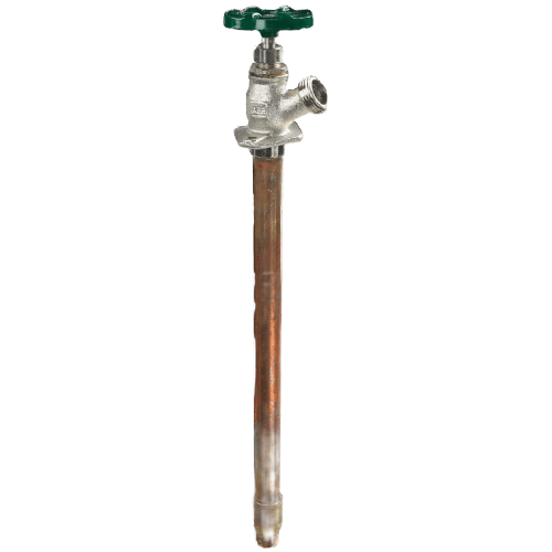 Outdoor frost-free wall hydrant with green valve handle and durable brass and copper construction in plumbing collection