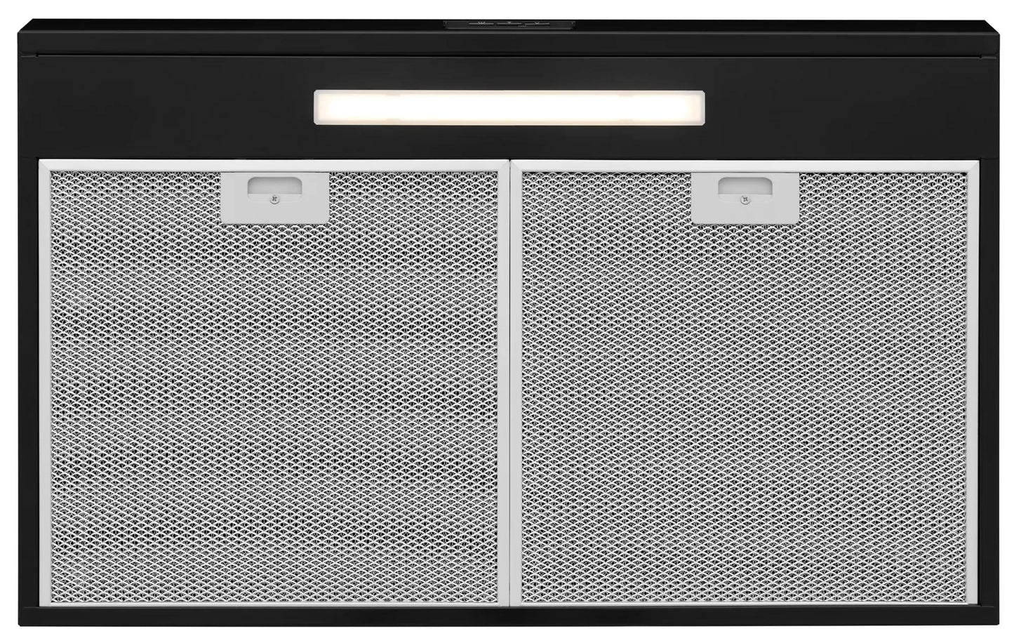 black undercabinet ventilation hood with mesh filters and LED light in range hoods and kitchen appliances collection