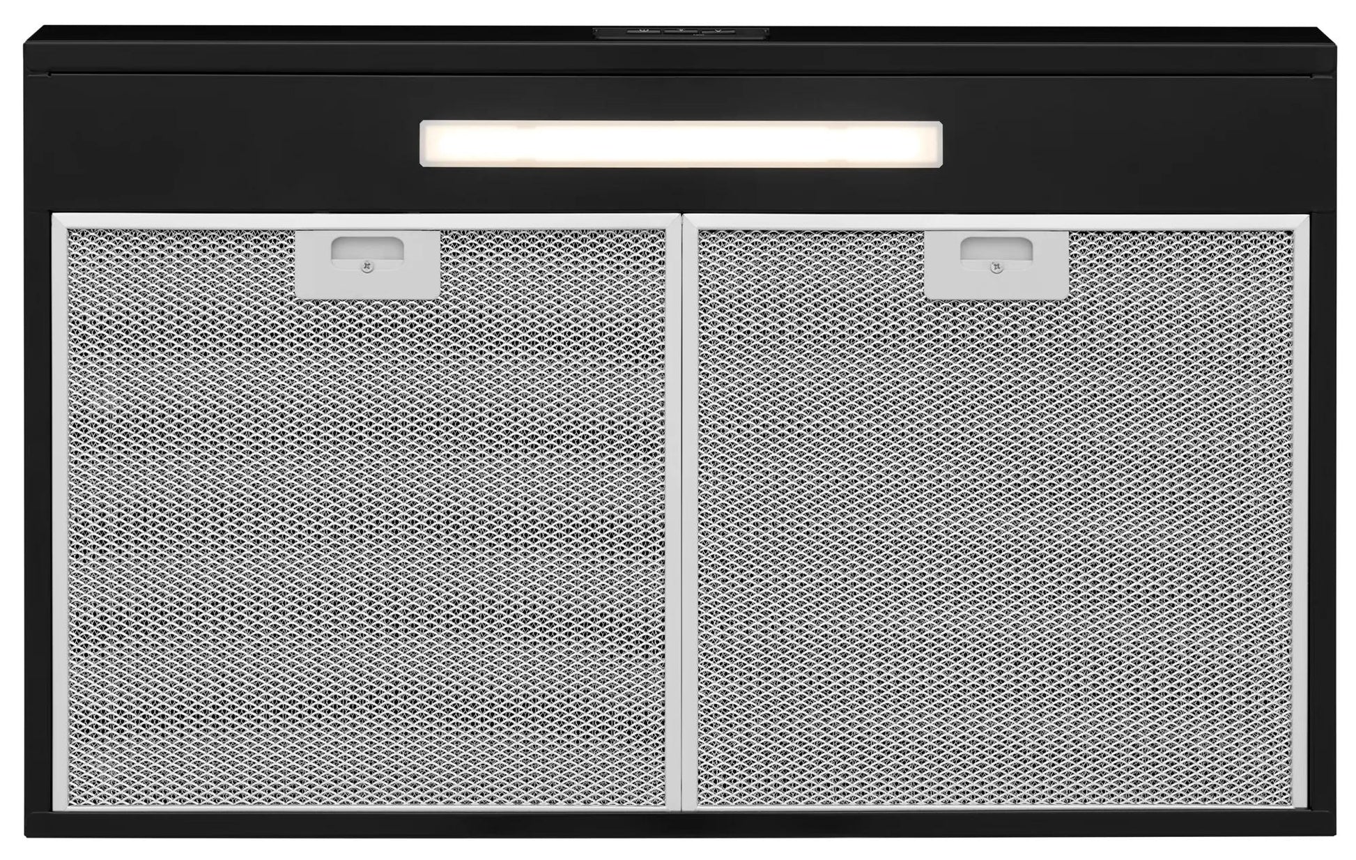 black undercabinet ventilation hood with mesh filters and LED light in range hoods and kitchen appliances collection