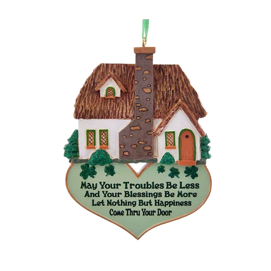 Irish cottage Christmas ornament with personalized blessing and glittered clover details for holiday decor under $50 collections
