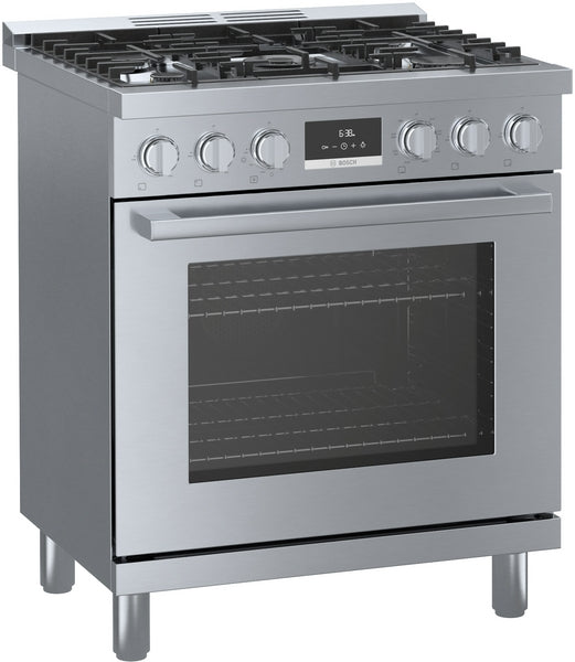 stainless steel dual fuel freestanding range with six metal knobs and digital display for kitchen appliances
