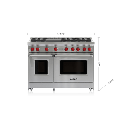 Stainless steel 48-inch range with six red control knobs and dual ovens for kitchen appliances and gas ranges collections