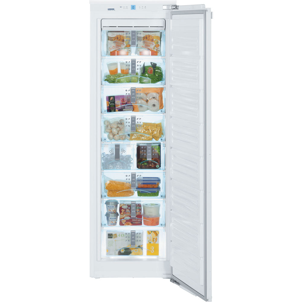 Tall built-in freezer with multiple transparent drawers and efficient LED lighting in kitchen appliance collection