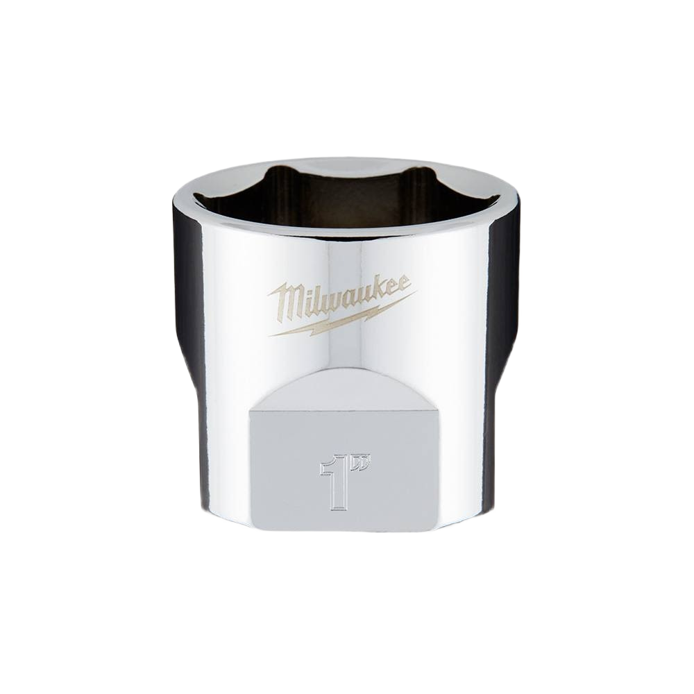 Chrome-finished 1-inch socket with four flat sides for wrench use in Milwaukee hand tools and sockets collection