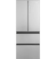 stainless steel 4 door refrigerator with digital display panel in modern kitchen appliances collection