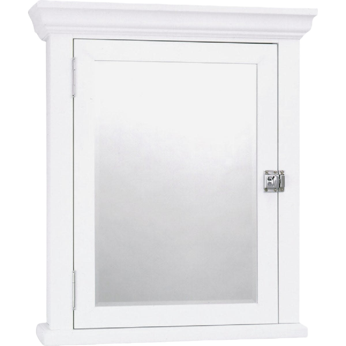 White surface mount medicine cabinet with crown molding and mirrored door for bathroom home improvement.