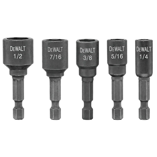 Set of five black magnetic nut drivers in varying sizes for impact tools and home improvement tasks