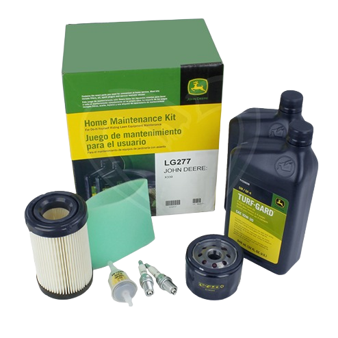 Green and yellow box with John Deere lawn maintenance supplies including oil, filters, spark plugs, and a cleaning cloth for home improvement tasks
