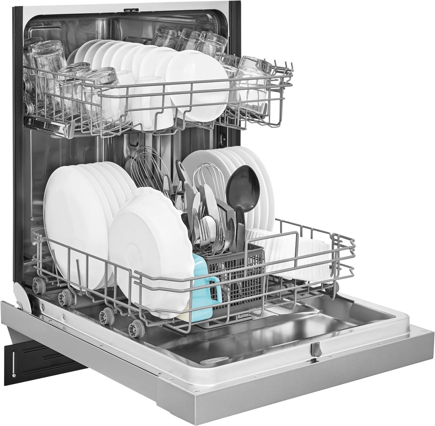 Open built-in dishwasher with dual rack system loaded with dishes and glassware from Kitchen & Kitchenware collection