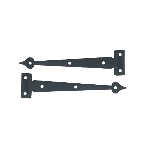 Pair of smooth black metal cabinet strap hinges with heart-shaped ends and multiple screw holes for home improvement projects