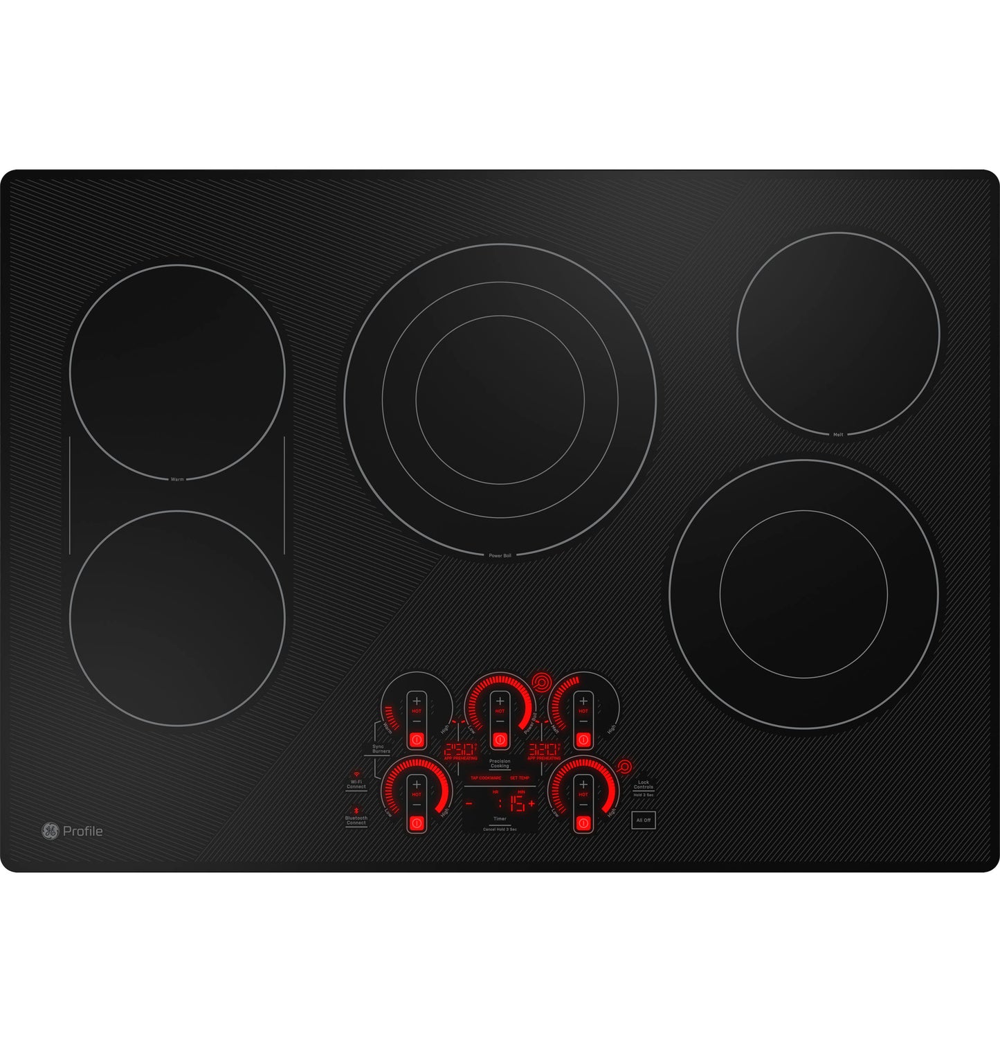 Black electric cooktop with five cooking zones and a digital touch control panel from kitchen appliances collection