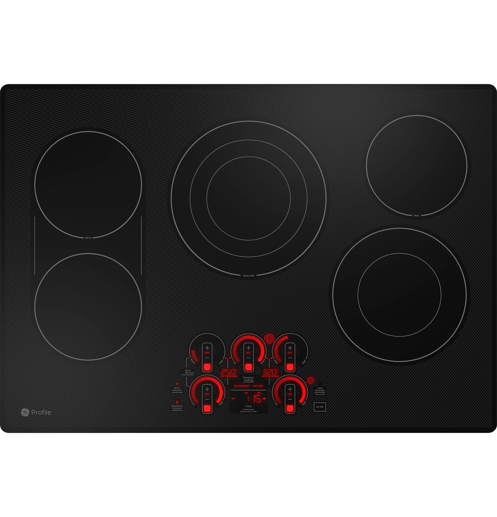 Black electric cooktop with five cooking zones and a digital touch control panel from kitchen appliances collection