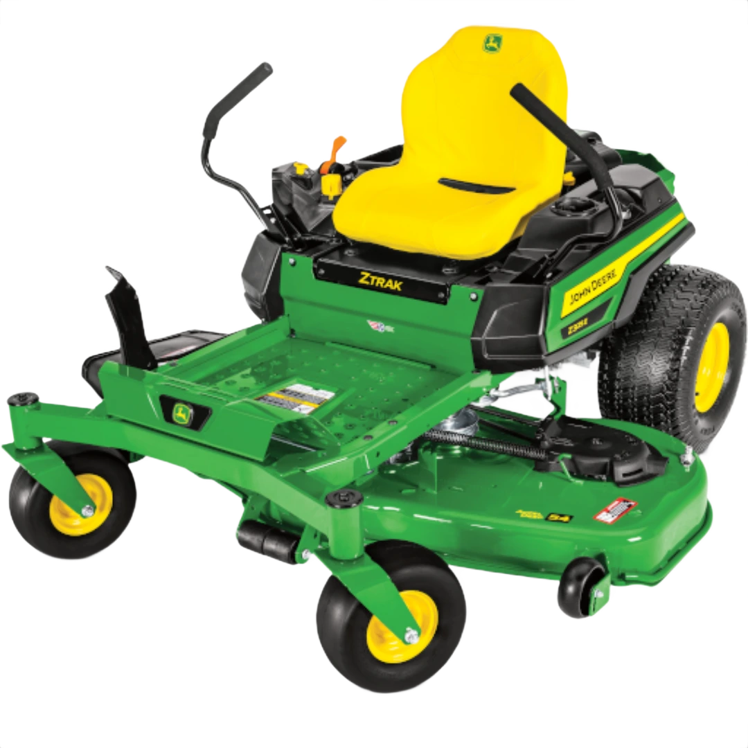 Green and yellow zero-turn mower with 54-inch cutting deck and comfortable high-back seat for lawn care tasks