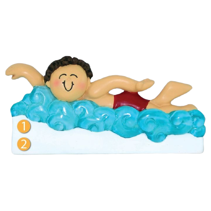 Personalized brunette male swimmer ornament with red swim trunks on blue waves in Christmas Ornaments & Tree Decorations collection