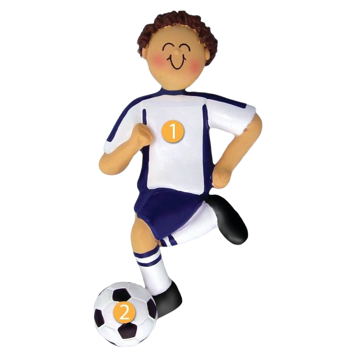 Figurine ornament of brunette boy in blue and white soccer uniform kicking ball for Christmas Ornaments & Tree Decorations collection