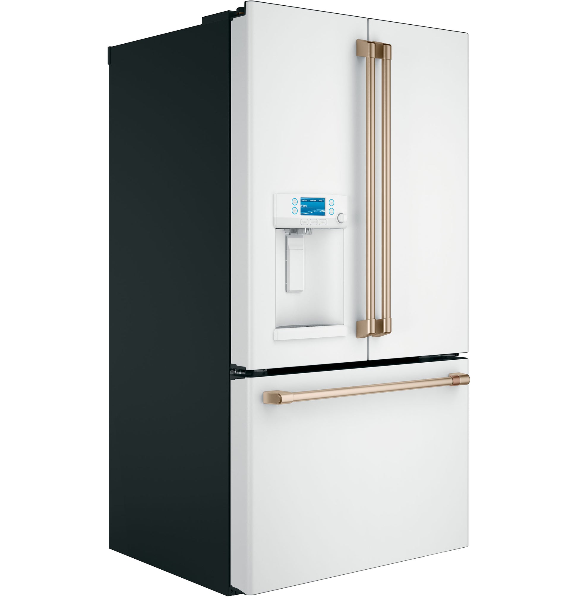 White smart French-door refrigerator with bronze handles and built-in hot water dispenser in kitchen appliances collection