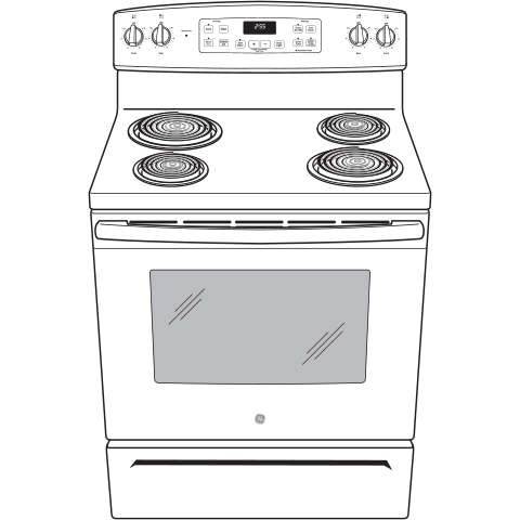 Front view line drawing of an electric range with four coil burners, digital display, and control knobs for kitchen appliances.