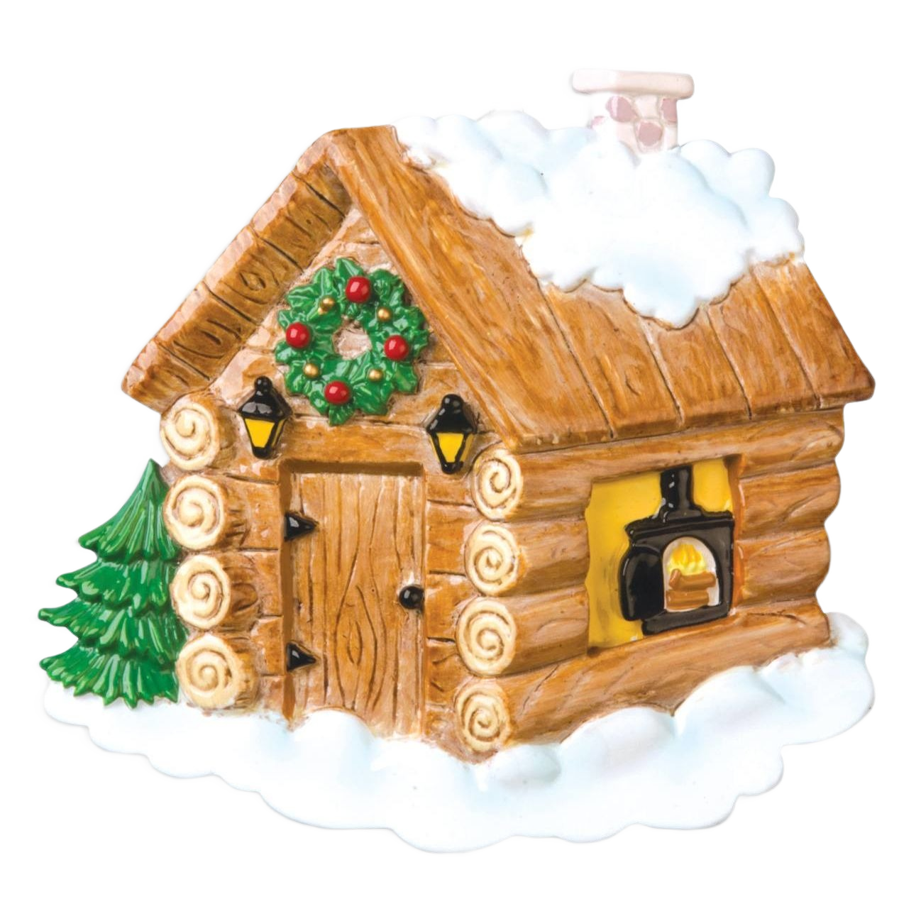 Snow-topped log cabin ornament with green wreath and lit stove detail for Christmas Ornaments & Tree Decorations collection
