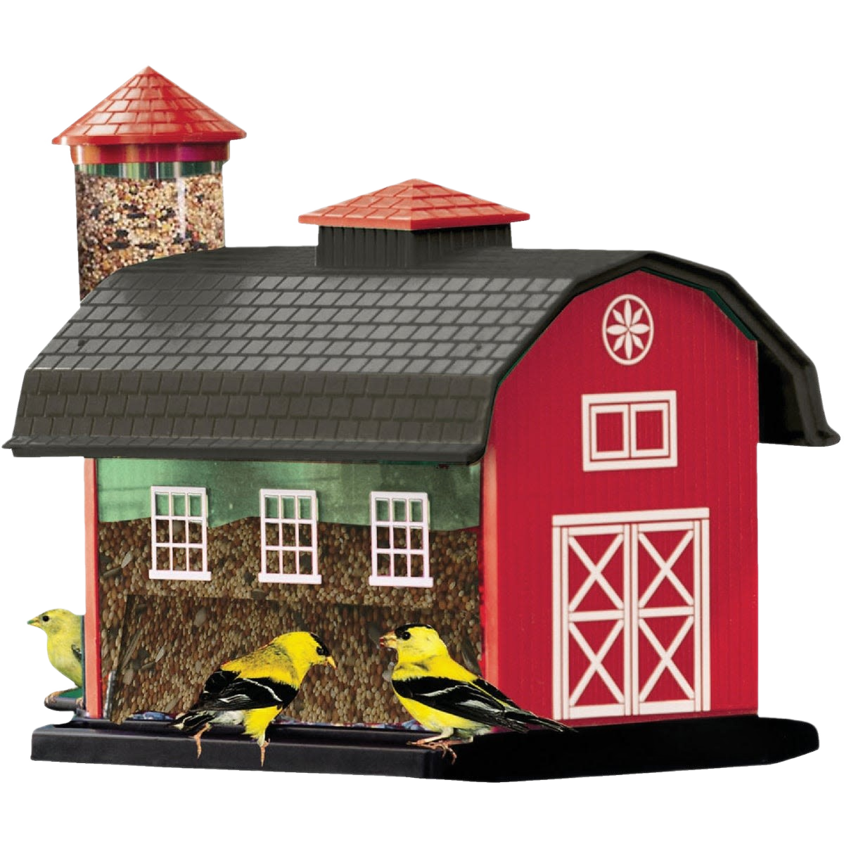 Red barn-shaped bird feeder with black roof and clear seed compartments attracting three yellow finches