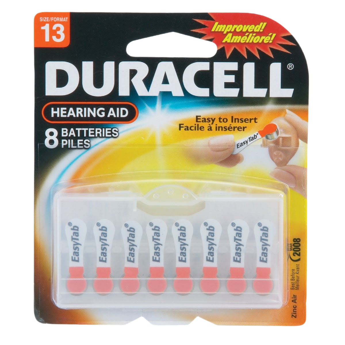 Package of eight Duracell size 13 EasyTab hearing aid batteries with easy-insert tabs for home use