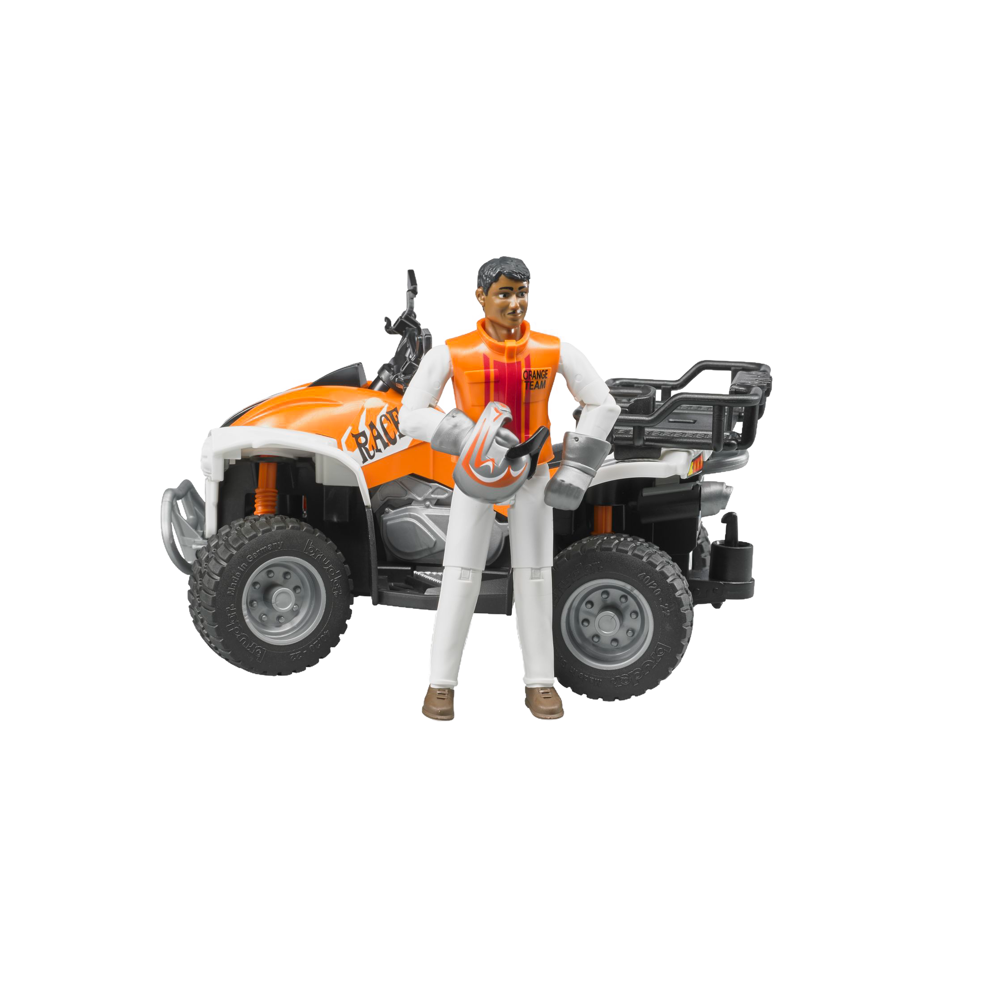 Orange and white off-road quad bike toy with driver figure from Bruder Toys in Vehicles & Remote Controlled Toys collection