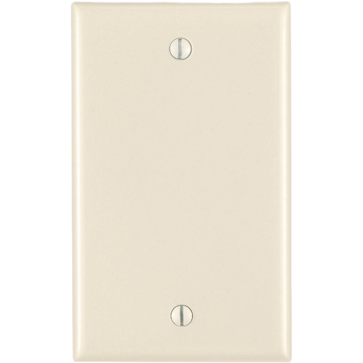 Light almond thermoset blank wall plate with two screws for standard 1-gang electrical box installation.