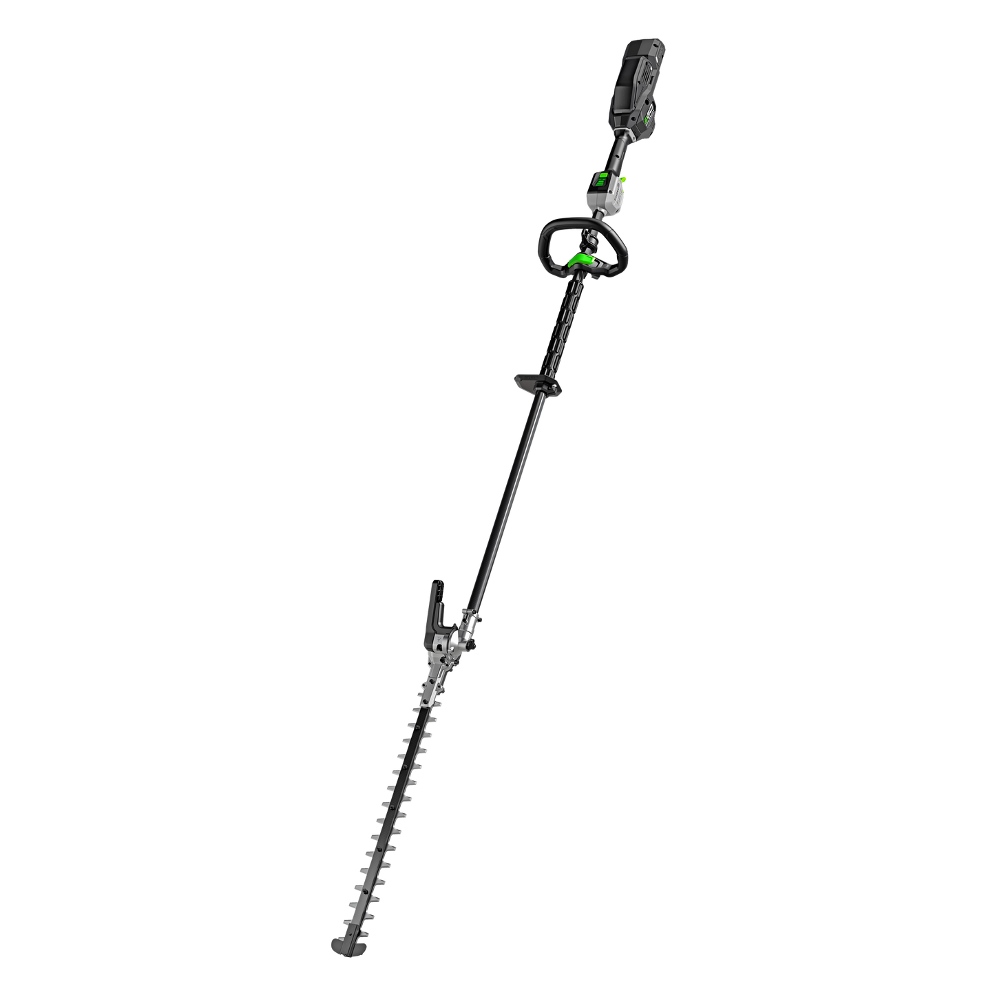 Black and green pole hedge trimmer with articulating head for extended reach in garden tools and home improvement