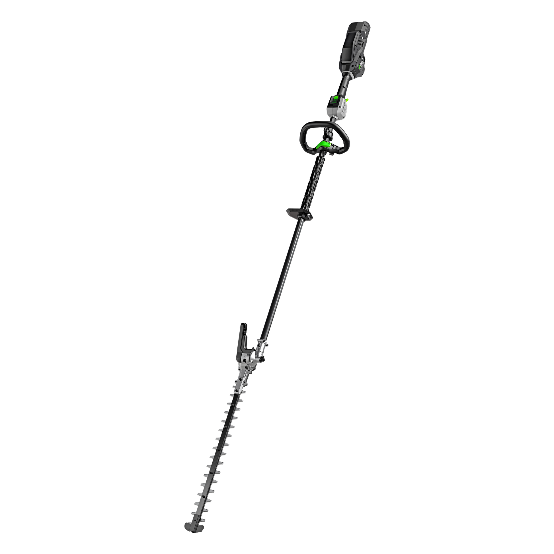 Black and green pole hedge trimmer with articulating head for extended reach in garden tools and home improvement