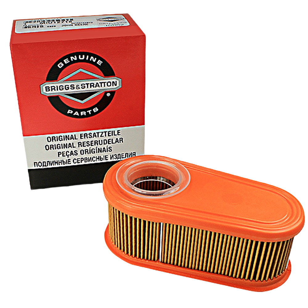Rectangular air filter with orange frame and pleated paper element alongside red and white Briggs & Stratton parts box for tools and home improvement