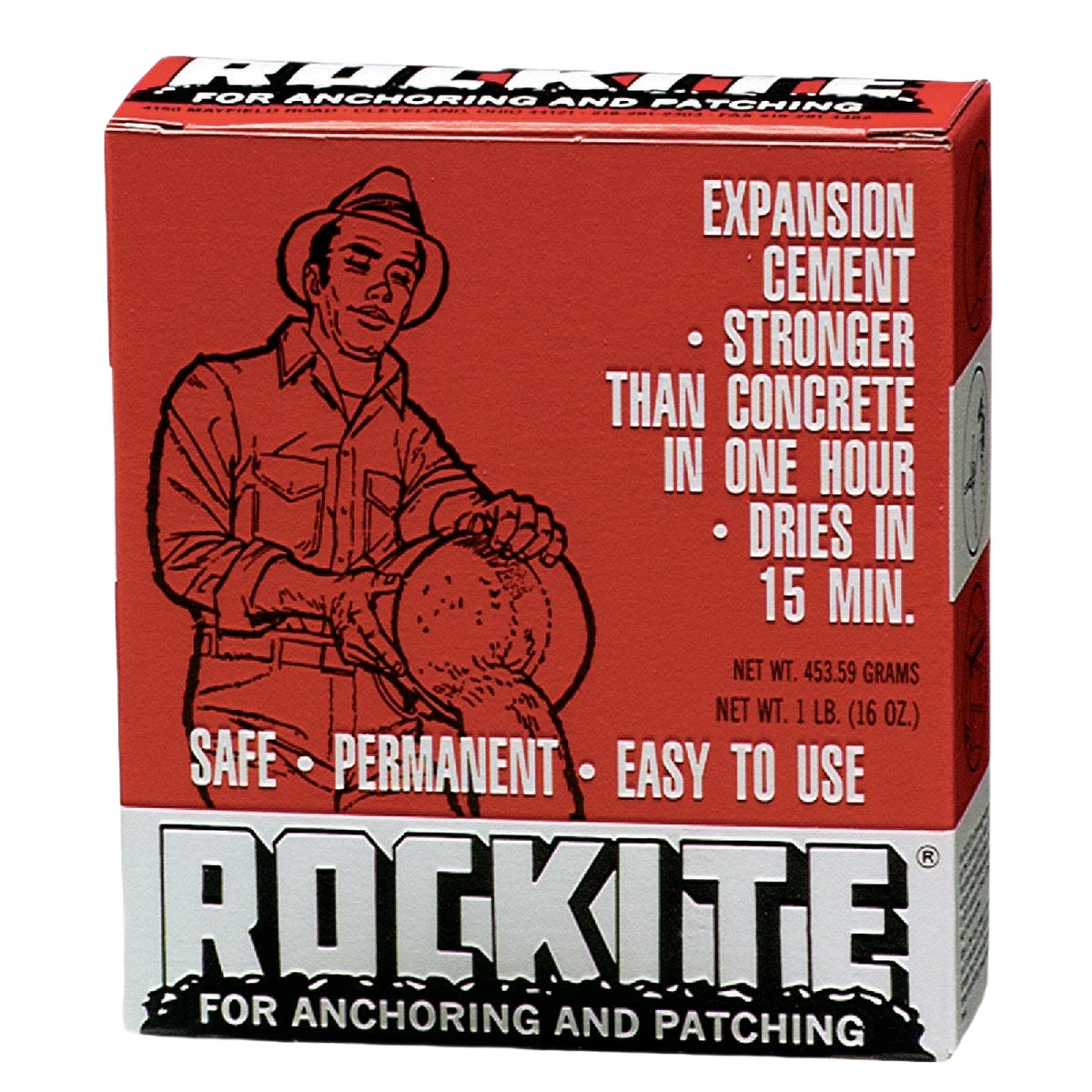 Red box of fast setting hydraulic cement with vintage workman illustration for anchoring and patching projects