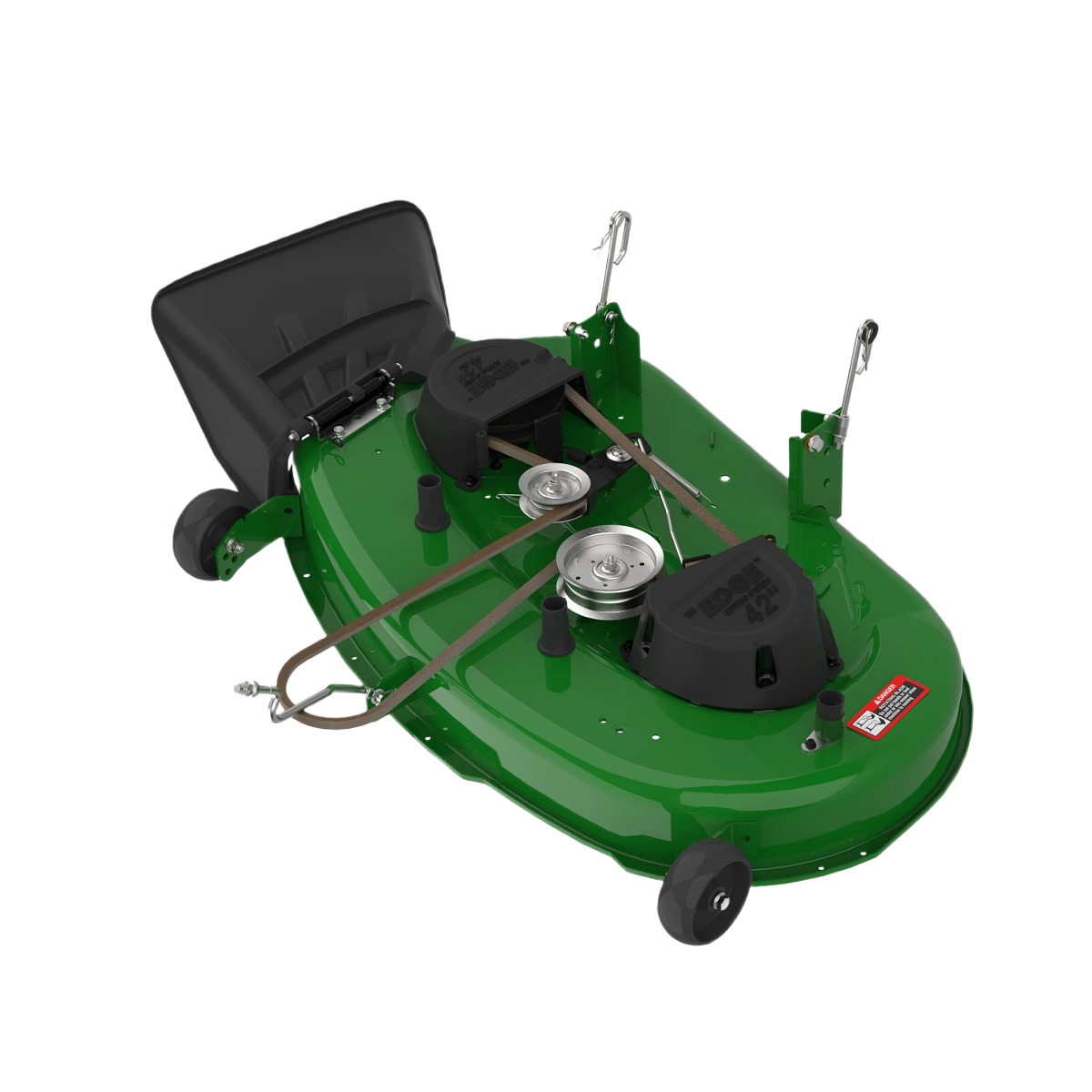 Green metal mower deck with pulleys and belts for John Deere mowing and cutting parts collection and tool accessories