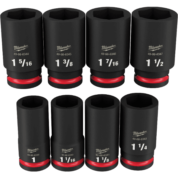 Set of black impact duty deep 6-point sockets with red accents for hand tools in Milwaukee woodworking tool collections