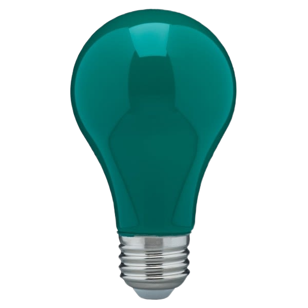 Glossy green LED A19 light bulb with medium base, energy-efficient design for home improvement lighting solutions