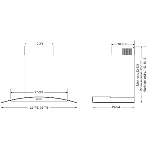 Technical line drawing showing dimensions of a stainless steel curved glass chimney hood for kitchen installation.