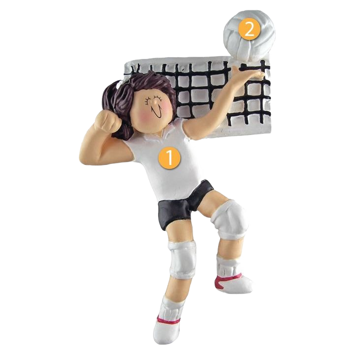Brunette female volleyball player figurine in white uniform hitting ball near net for Christmas decoration under $50