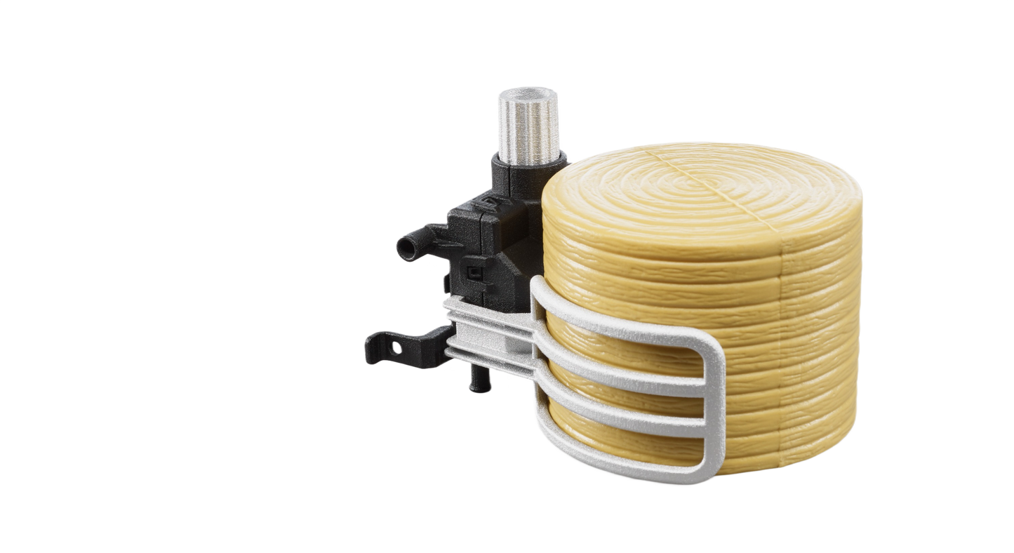 Toy bale gripper holding a round bale in detailed plastic design from Bruder Toys collection