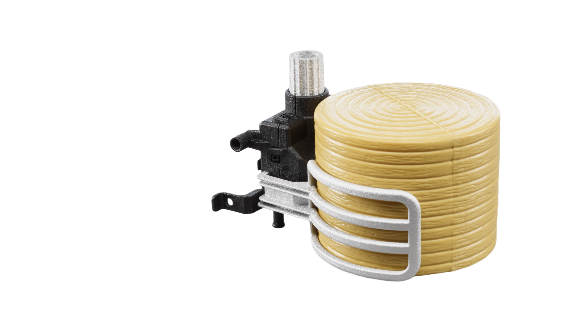 Toy bale gripper holding a round bale in detailed plastic design from Bruder Toys collection