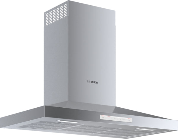 Stainless steel wall-mounted range hood with LED lights and digital touch controls in Bosch kitchen appliances collection