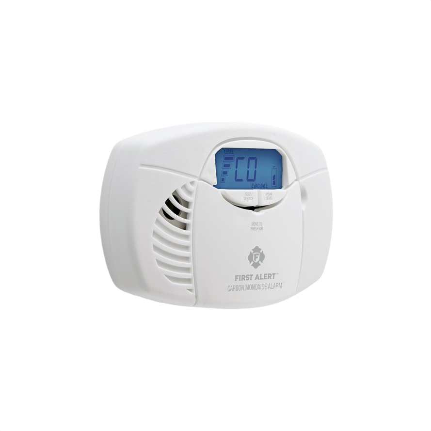 White battery-operated carbon monoxide detector with digital display and electrochemical sensor for fire safety and electrical collections