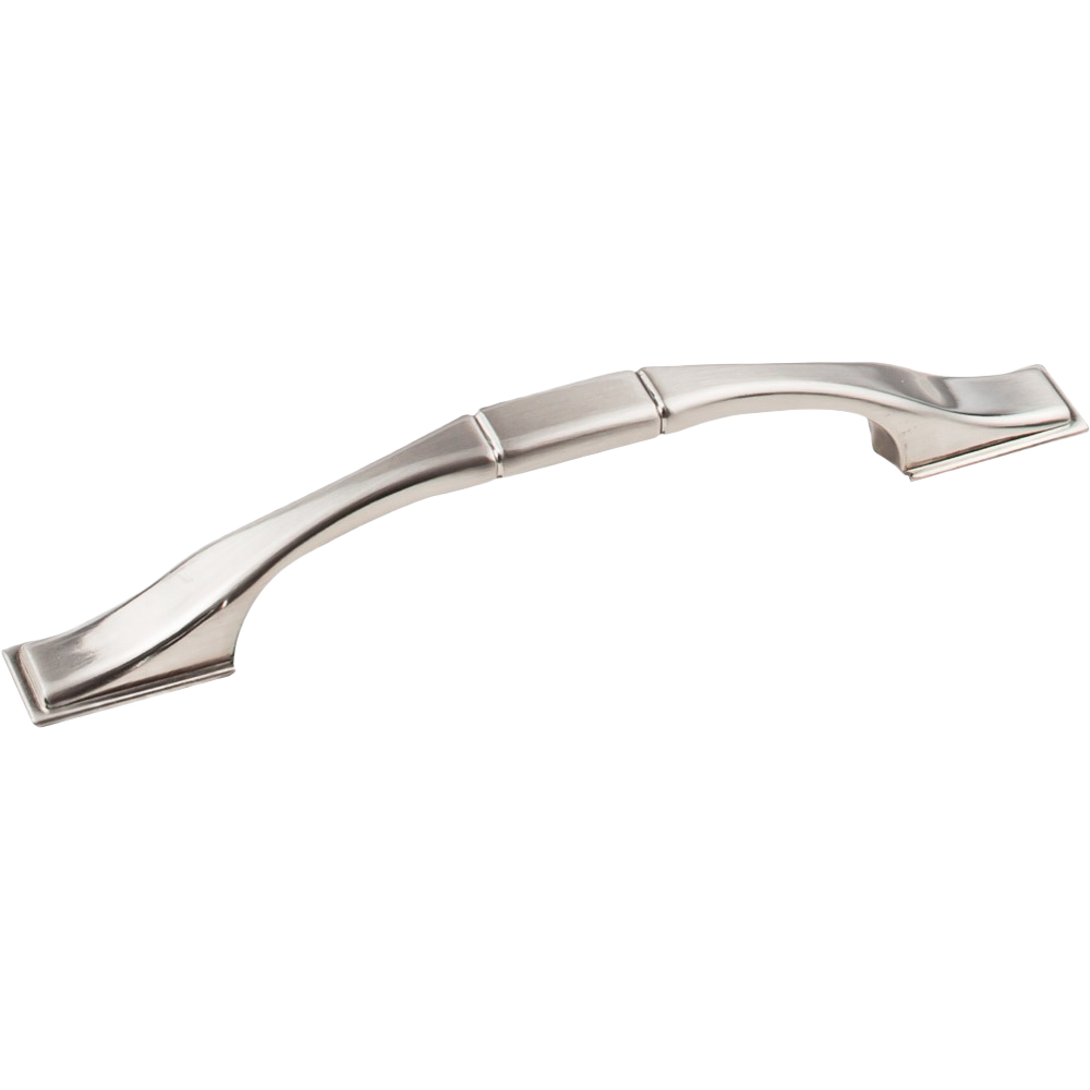 Curved satin nickel cabinet pull with subtle ridged detailing for furniture hardware and home improvement projects