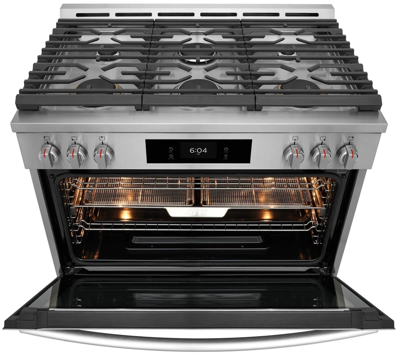 Stainless steel 36-inch gas range with six burners and open oven featuring air fry basket and digital display from ranges collection