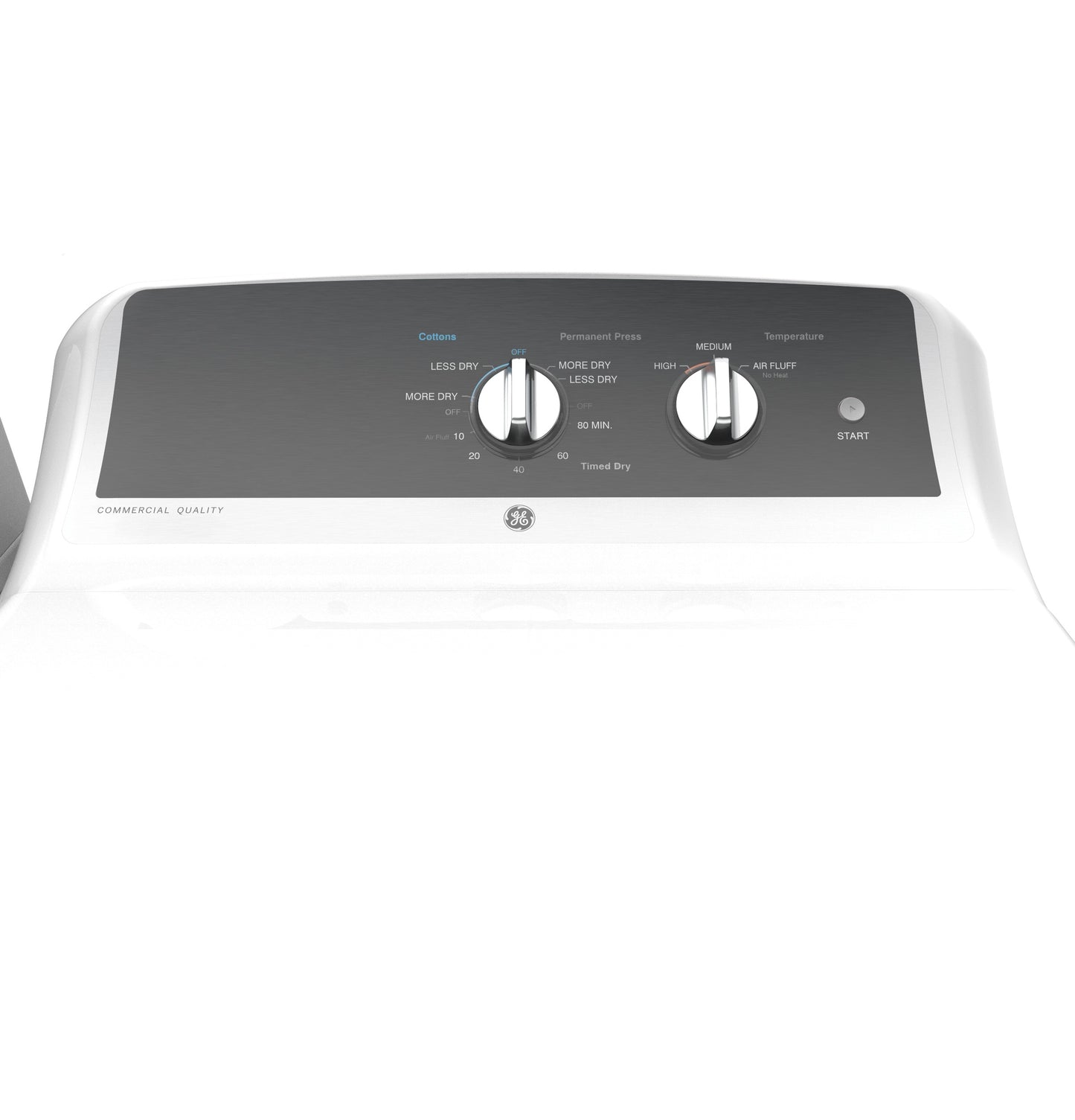 Control panel close-up of white gas dryer with timer and temperature knobs in dryers and appliances collections