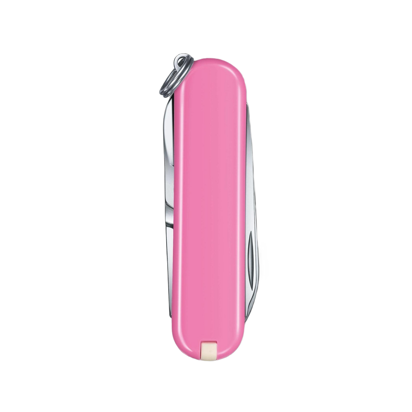Compact pink Swiss Army pocket knife with keyring attachment, ideal for everyday tools and home improvement tasks