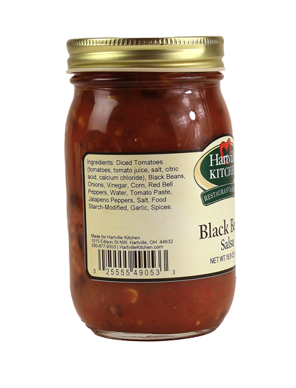 Glass jar of Hartville Kitchen black bean salsa with gold lid and label showing ingredients and barcode in food and beverage collection