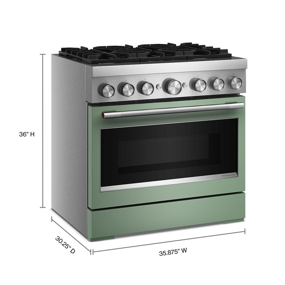 Front view of green and stainless steel 36-inch dual fuel range with six burners and commercial-style knobs in kitchen appliances collection