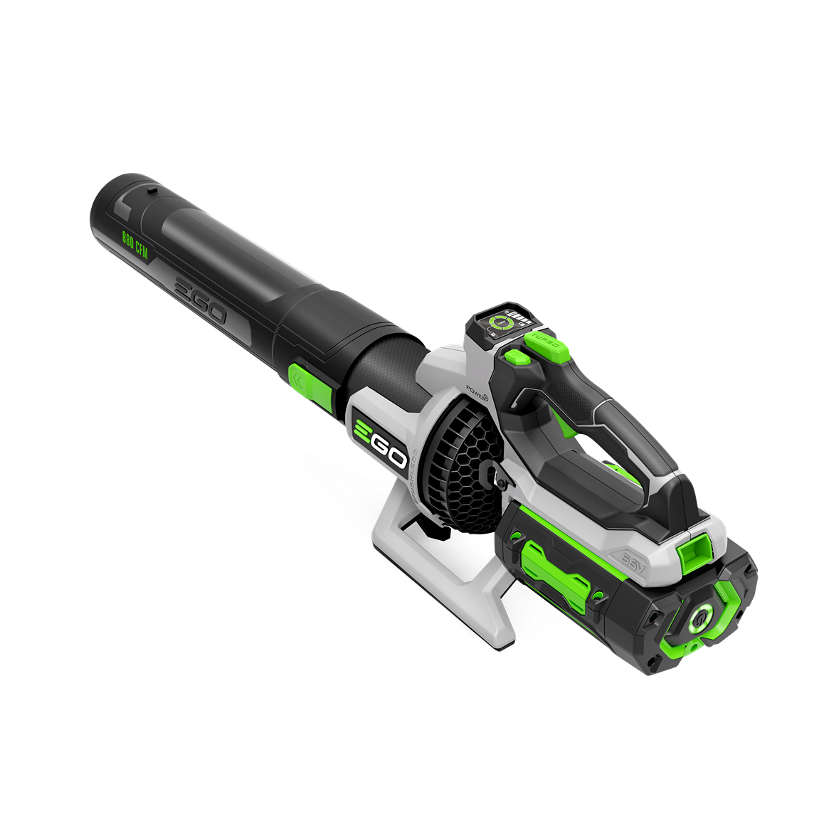 Cordless blower with black and green accents, ergonomic handle, and powerful airflow for outdoor tools and home improvement tasks