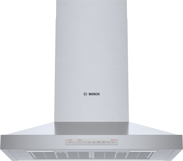 stainless steel wall-mounted range hood with LED lighting and control panel in Bosch kitchen appliances collection
