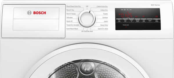 Close-up of Bosch 300 Series compact condenser dryer control panel with digital timer display in appliances collection